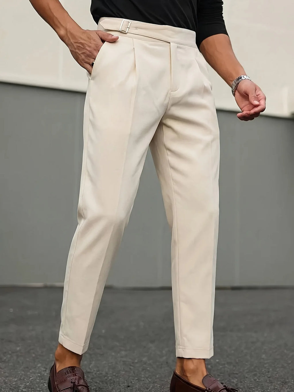 Men's high-waisted cropped chinos, slim-fit beige casual trousers for business and commuting, tapered dress pants