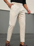 Men's high-waisted cropped chinos, slim-fit beige casual trousers for business and commuting, tapered dress pants