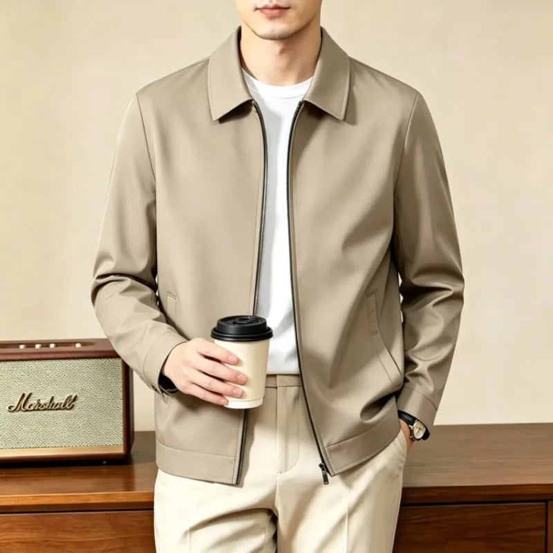 Men's Turn-down Collar Jacket Old Money Style Solid Color Casual Outerwear 2026 Autumn New Zip-up Coat