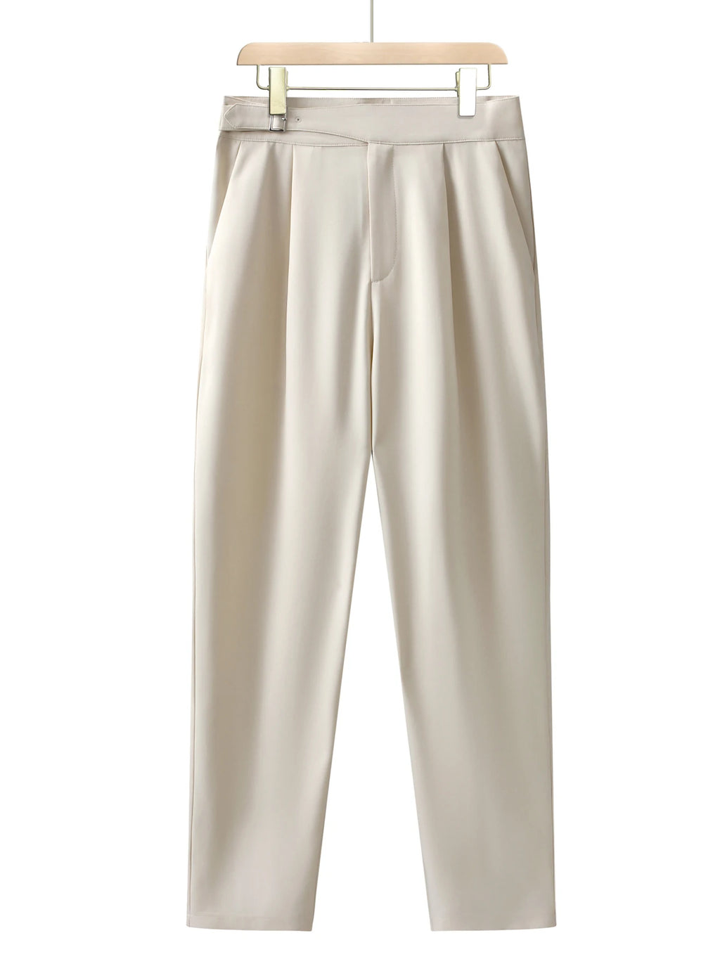 Men's high-waisted cropped chinos, slim-fit beige casual trousers for business and commuting, tapered dress pants