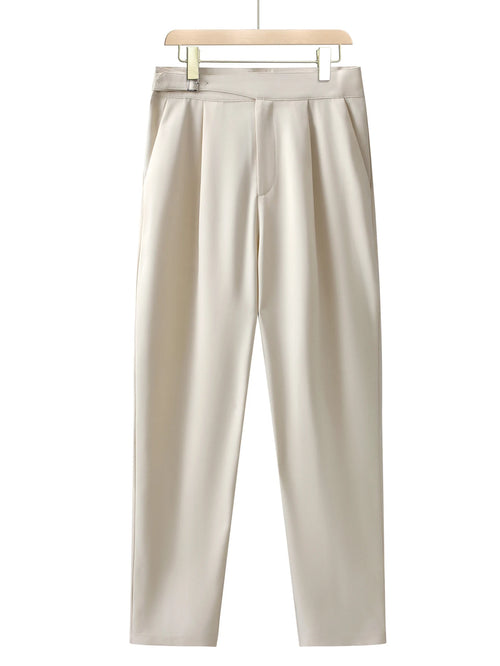 Men's high-waisted cropped chinos, slim-fit beige casual trousers for business and commuting, tapered dress pants