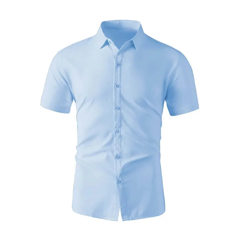 New Men's Business Casual Solid Color Short Sleeved Shirt for Summer Fashion No Ironing Comfortable and Versatile Top