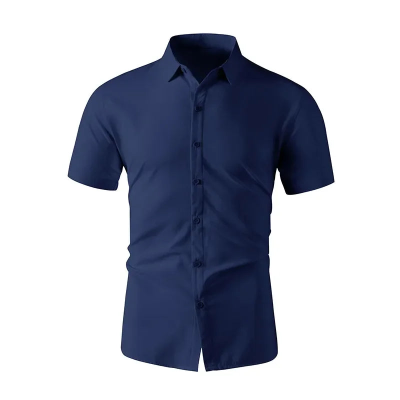 New Men's Business Casual Solid Color Short Sleeved Shirt for Summer Fashion No Ironing Comfortable and Versatile Top