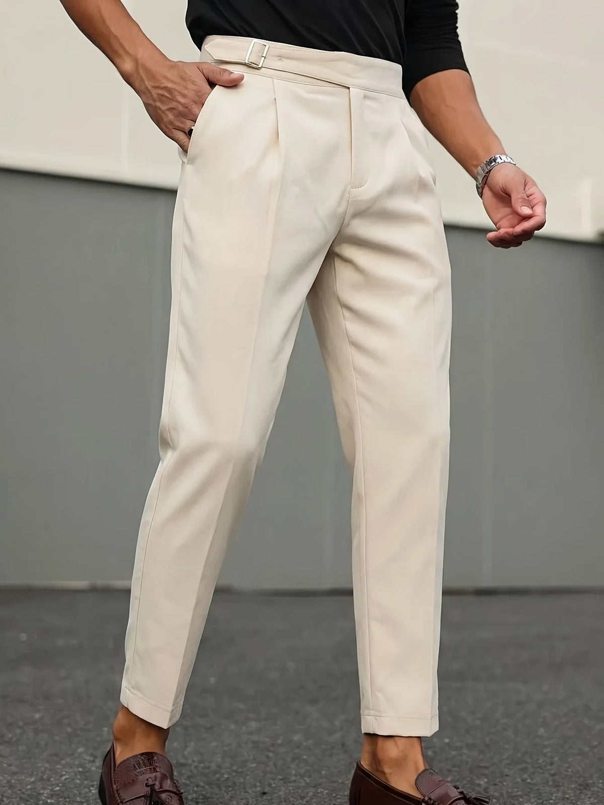 Men's high-waisted cropped chinos, slim-fit beige casual trousers for business and commuting, tapered dress pants